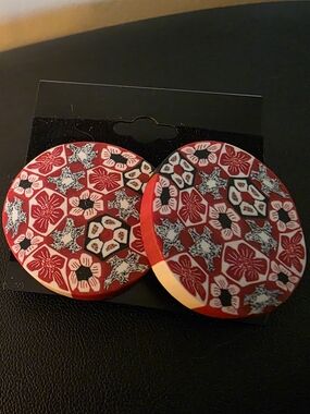 Red Floral Pattern Round Statement Earrings - Women Accessories